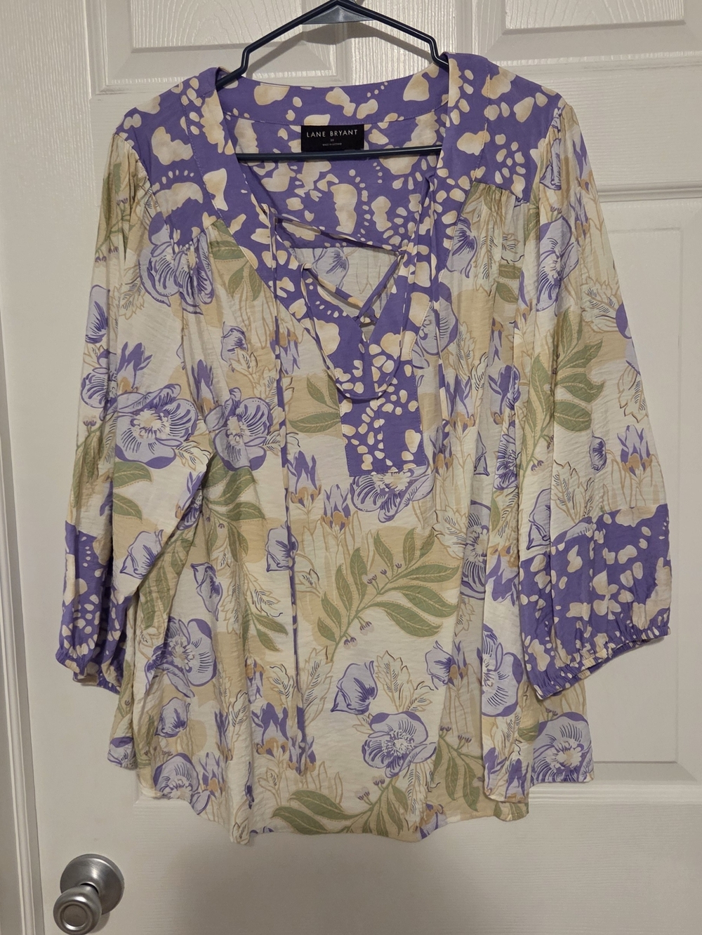 Lane Bryant Cream and Purple Floral Peasant Top